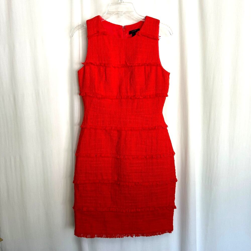 J Crew Red Cotton Tweed‎ Fringed Dress Sleeveless NWT Size 4